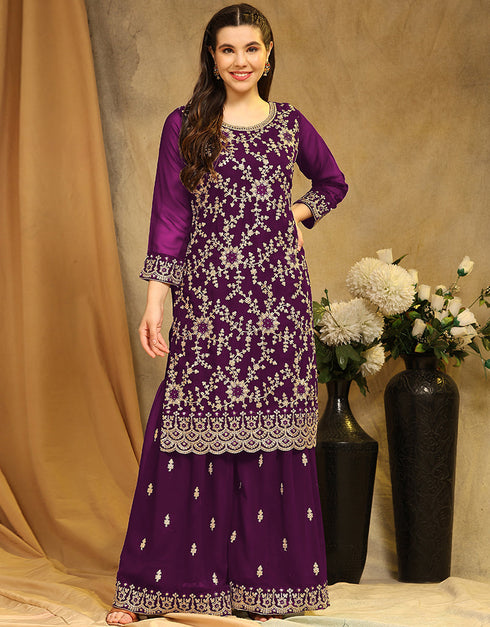 Designer Party Wear Blooming Georgette Salwar Suit Collection Purple Blooming Georgette Sharara Suit Close-up View